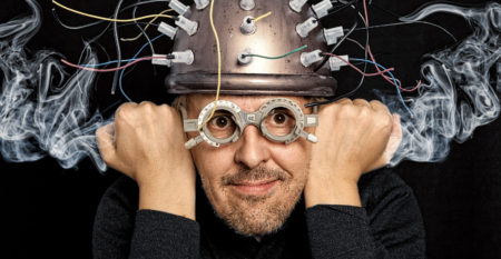 Crazy inventor with helmet